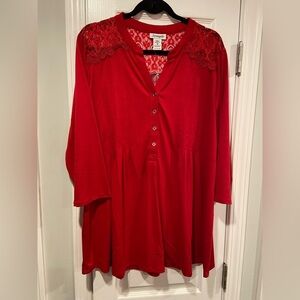 NWT Serengeti Size 2X Red Lace 3/4 Sleeve Henley Pintuck Pleated Tunic Top